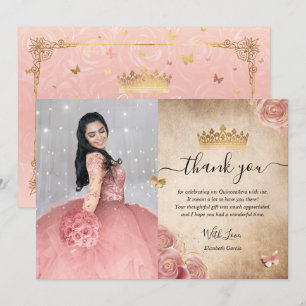 Elegante Roze Roos en Gouden Quinceanera Foto Bedankkaart