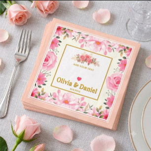 Elegante roze roos en gouden schrift huwelijksserv servet