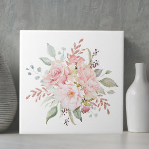 Elegante Roze Roos en Pioen Bloemboeket  Tegeltje