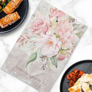 Elegante roze roos en pioen bloemboeket theedoek