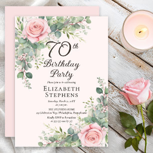 Elegante Roze Roos Eucalyptus 70e Verjaardagsfeest Kaart
