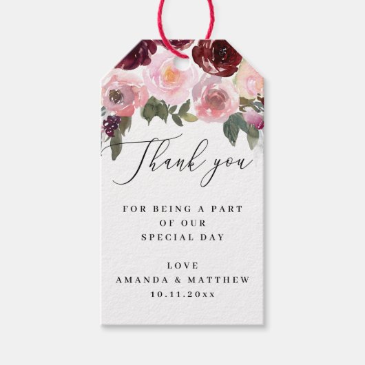 Elegante roze roos. Floral script bruiloft dank u Cadeaulabel (Voorkant)