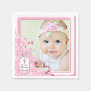 Elegante Roze Roos Foto Doop Servetten