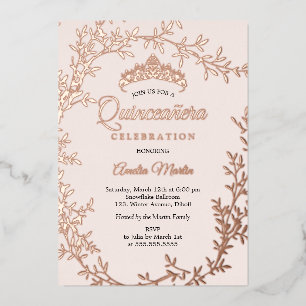 Elegante Roze Roos Gouden Blad Krans Quinceanera Folie Uitnodiging