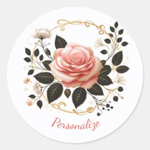 Elegante Roze Roos & Gouden Bloem Kunst Personalis Ronde Sticker