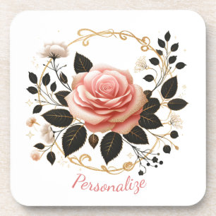 Elegante Roze Roos & Gouden Bloemstuk Kunst Persoo Bier Onderzetter