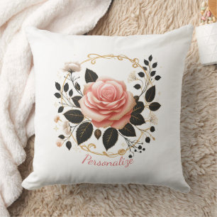 Elegante Roze Roos & Gouden Bloemstuk Kunst Persoo Kussen