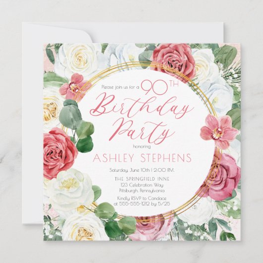 Elegante Roze Roos | Gouden Lijst 90e Verjaardagsf Kaart (Voorkant)