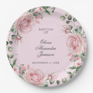 Elegante Roze Roos Meisje Doop Papieren Bordje