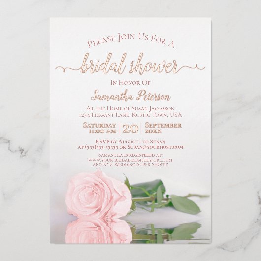 Elegante roze roos met roze gouden bruidsdouche folie uitnodiging (Voorkant)