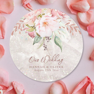 Elegante Roze Roos Pioen Bloem Marmer Bruiloft  Ronde Sticker