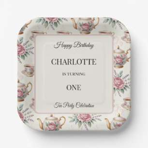 Elegante Roze Rose Tea Party Naam Age Papieren Bordje