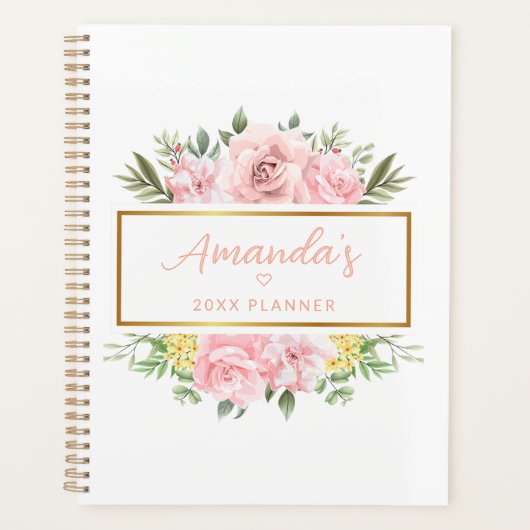 Elegante Roze Roze Bloem Gepersonaliseerde Naam Planner (Voorkant)