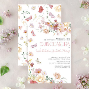 Elegante Roze Roze Bloem Vlinder Quinceañera Kaart
