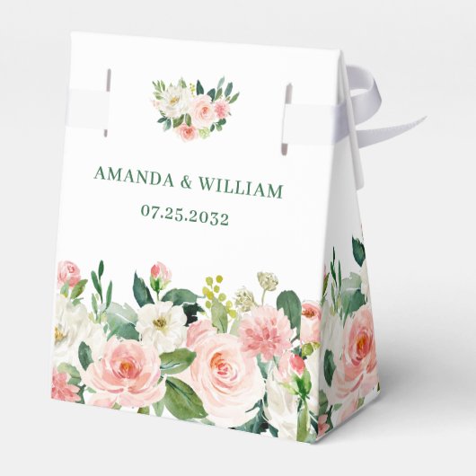 Elegante Roze Roze Bloemen Rozen Groene Huwelijk Bedankdoosjes (Achterkant)