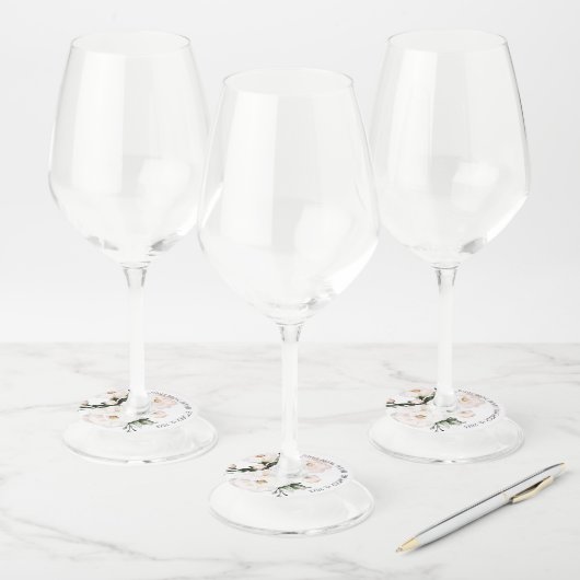 Elegante Roze Roze Bloemige Bruidsfeest Favor Wijnglaslabel (Set)