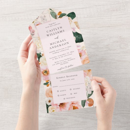 Elegante Roze Roze Bloemige Trouw All In One Uitnodiging (Afscheurbaar)