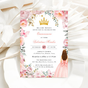 Elegante Roze Roze Gouden Bloemige Quinceanera Kaart