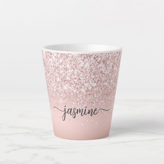 Elegante Roze Roze Gouden Glitter Monogram Naam Latte Mok (Voorkant)