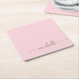 Elegante Roze Roze Gouden Monogram Naam Script Vierkante Kartonnen Onderzetter
