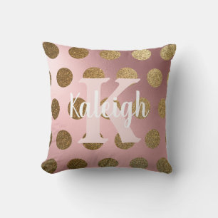 Elegante Roze Roze Gouden Stip Monogram Naam Kussen