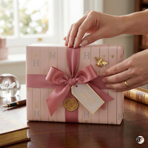Elegante roze roze & gouden streep Initial H Mono Cadeaupapier