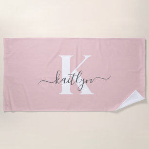 Elegante Roze Roze Grijs Script Monogram Strandlaken