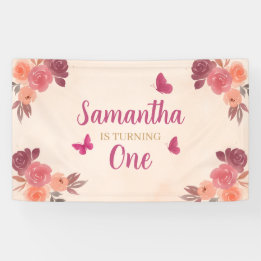 Elegante Roze Roze Waterverf Bloem 1e Verjaardag Spandoek