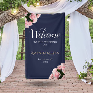 Elegante Roze Rozen Bloemen Bruiloft Welkom Spandoek