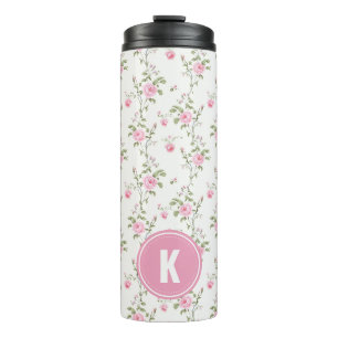 Elegante Roze Rozen Bloemen Patroon Monogram Thermosbeker