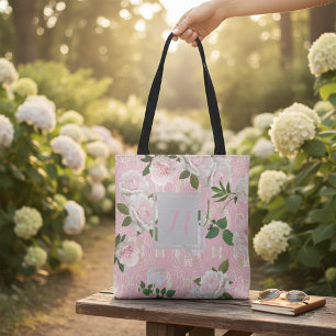 Elegante Roze Rozen en Goud Damast Monogram Draagtas