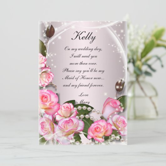 Elegante Roze Rozen en Parels Bruidsmeisje kaart (Staand voorkant)