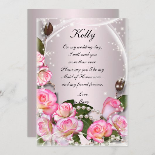 Elegante Roze Rozen en Parels Bruidsmeisje kaart (Voorkant / Achterkant)