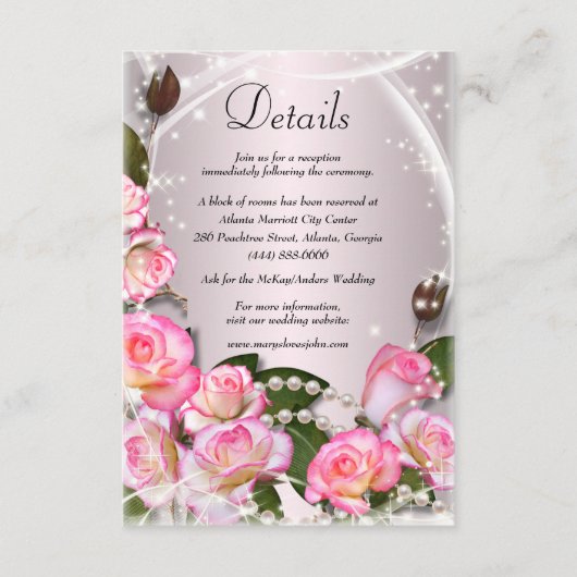 Elegante roze rozen en parels bruiloft details informatiekaartje (Voorkant)