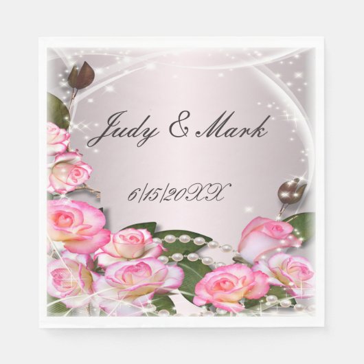Elegante roze rozen en parels papieren servetten (Voorkant)