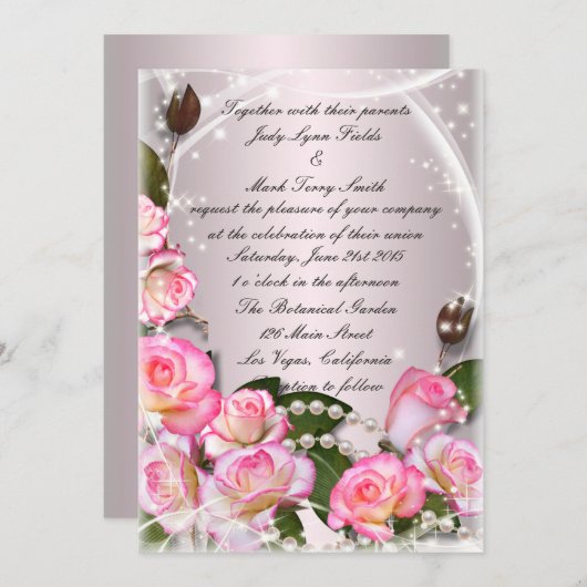 Elegante roze rozen en parels uitnodiging (Voorkant / Achterkant)