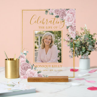 Elegante Roze Rozen Foto Funeral Memorial Acryl Bord