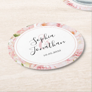 Elegante roze rozen gepersonaliseerde bruiloft ronde kartonnen onderzetter