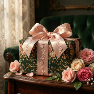 Elegante Roze Rozen & Goud Ik Hou van Jou Mama Cadeaupapier