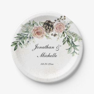 Elegante Roze Rozen Groen Papieren Bordje