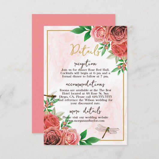 Elegante roze rozen & libellen receptie RSVP kaartje (Voorkant / Achterkant)