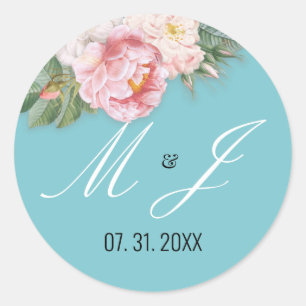 Elegante roze rozen lichtblauw romantische bruilof ronde sticker
