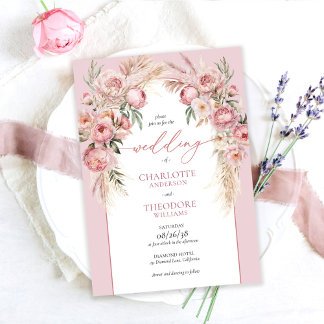 Elegante Roze Rozen Pampas Gras Bloemachtige Bruil Kaart