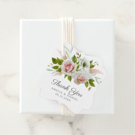 Elegante roze rozen Waterverf bloemenbruiloft Bedankjes Labels (In situ)