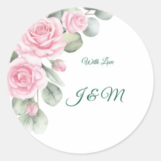 Elegante Roze Rozen & Zwaan Huwelijkssticker Ronde Sticker