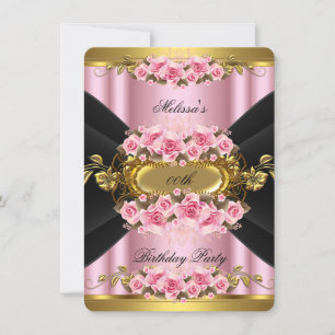 Elegante Roze Rozen Zwarte Gouden Verjaardagsfeest Kaart