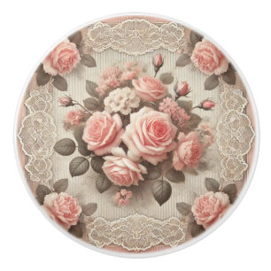 Elegante Roze Rozenbloem met Kant Keramische Knop