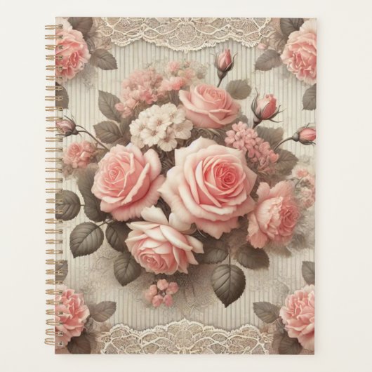 Elegante Roze Rozenbloem met Kant Planner (Voorkant)