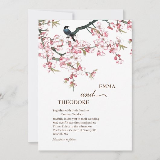 Elegante Roze Sakura Japanse Trouw Uitnodiging (Voorkant)