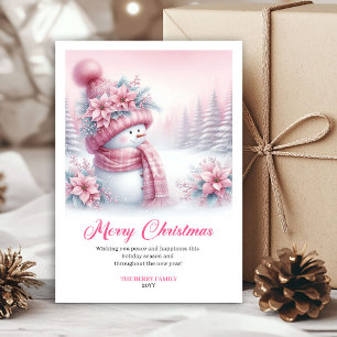 Elegante Roze Sneeuwman Kinderen Bewerkbare Kerstk Feestdagenkaart